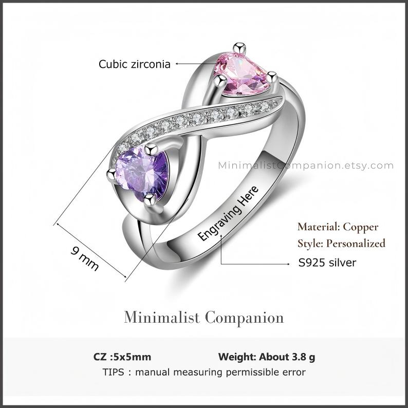 Personalized Infinity Ring | Two Custom Birthstones, Engraved Band, Sterling Silver