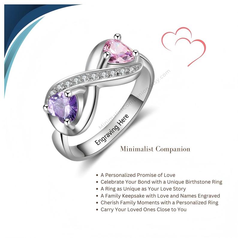 Personalized Infinity Ring | Two Custom Birthstones, Engraved Band, Sterling Silver
