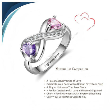Personalized Infinity Ring | Two Custom Birthstones, Engraved Band, Sterling Silver