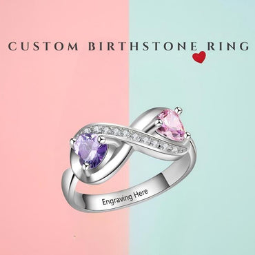 Personalized Infinity Ring | Two Custom Birthstones, Engraved Band, Sterling Silver