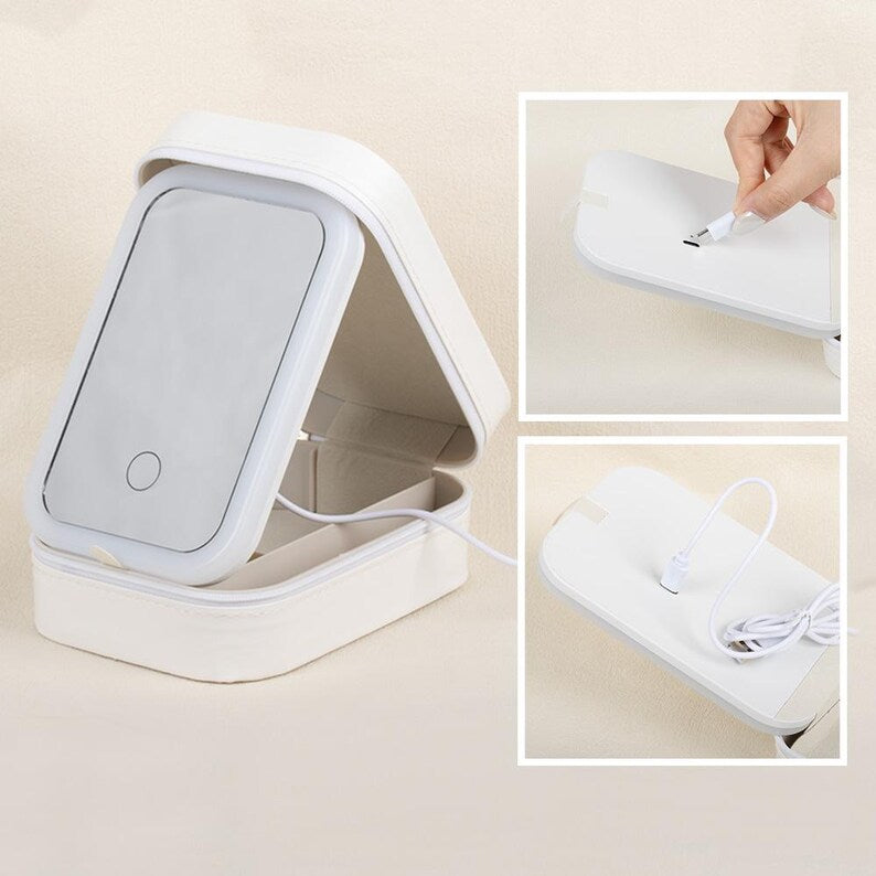 Personalized Birth Flower Travel Jewelry Box ¨C Custom Name Leather Organizer with LED Adjustable Makeup Mirror,Birthday Mother's Day Gift