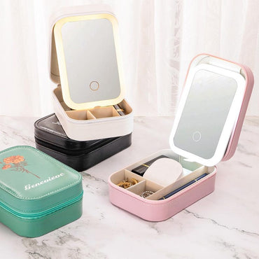Personalized Birth Flower Travel Jewelry Box ¨C Custom Name Leather Organizer with LED Adjustable Makeup Mirror,Birthday Mother's Day Gift