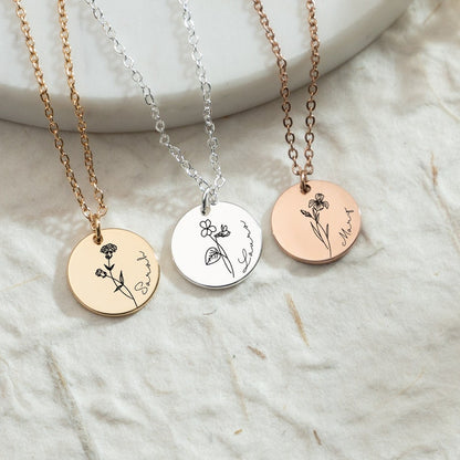 Personalized Birth Flower Necklace with Name, Engraved Floral Necklace, Valentines Days, Necklaces For Women, Birthday Gift, Gift for Her