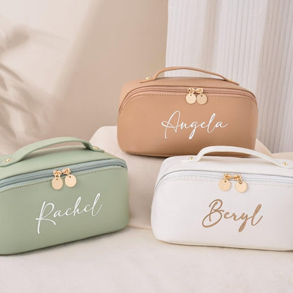 Leather Embroidered Makeup Bag,Personalized Bridesmaid Gifts,Wedding Makeup Bag,Bridal Shower Gift,Cosmetic Bag with Name,Gift for Women