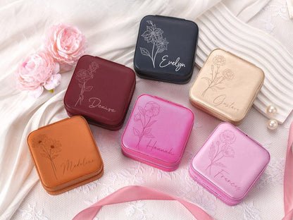 Personalized Bridesmaid Gift,Wedding Gift,Travel Jewelry Case with Name,Birth Flower Jewelry Case,Custom Leather Jewelry Box, Gift for Her