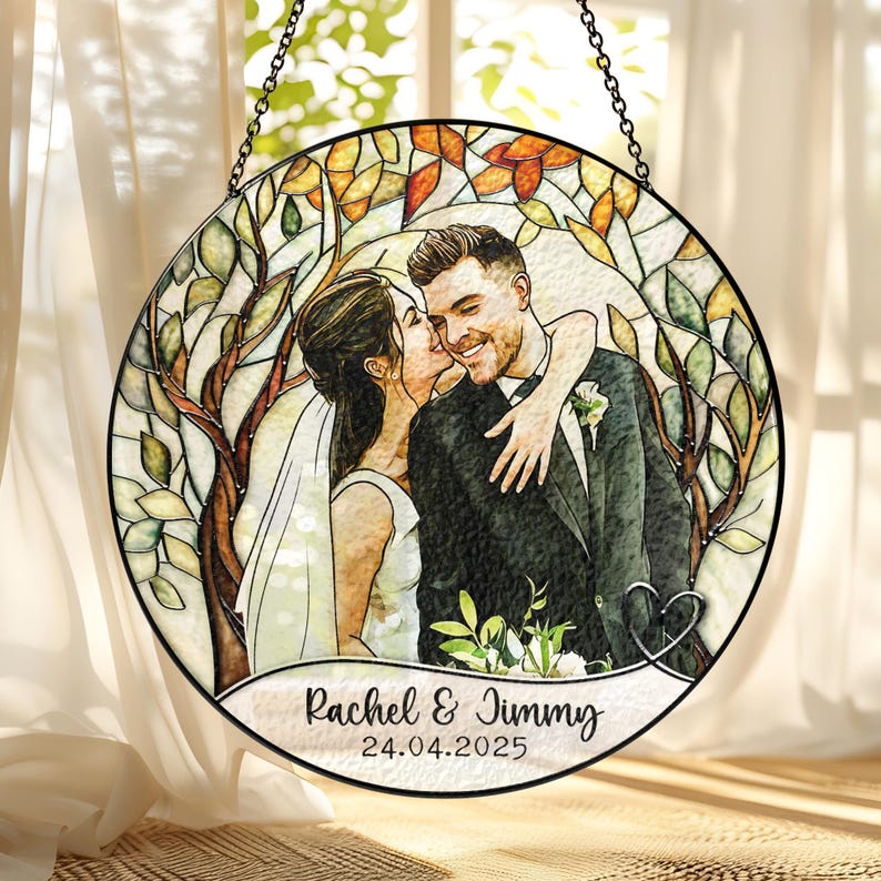 Custom Couples Portrait Stained Glass SunCatcher: Wedding Gift