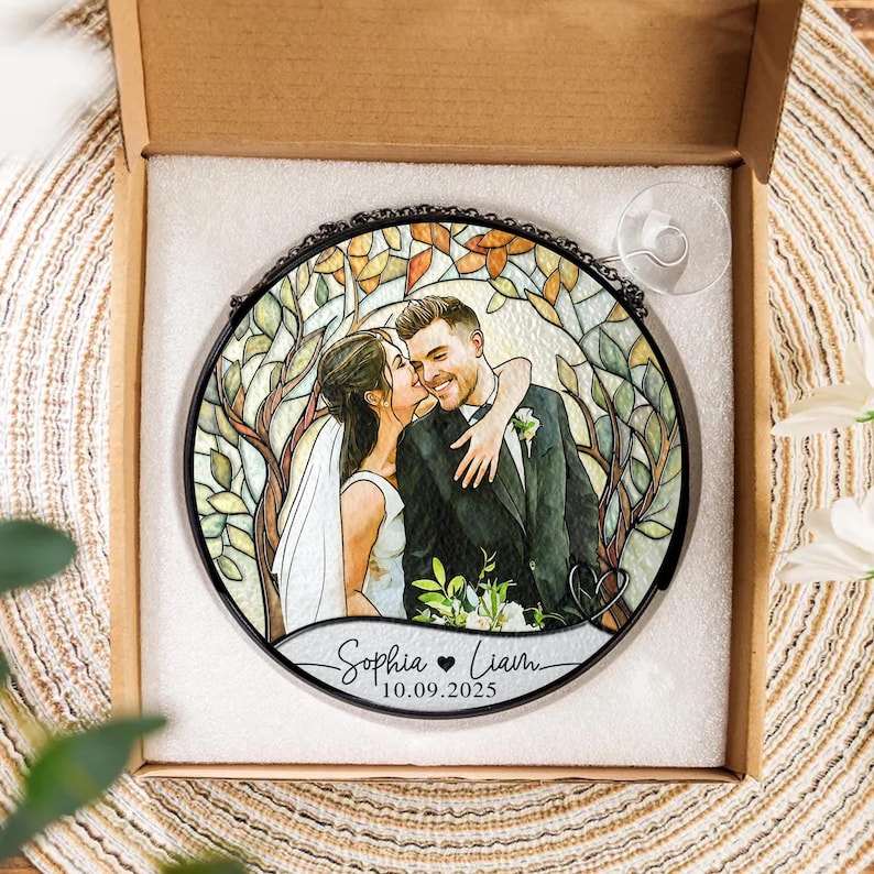 Custom Couples Portrait Stained Glass SunCatcher: Wedding Gift