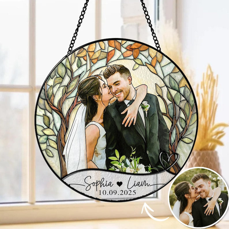Custom Couples Portrait Stained Glass SunCatcher: Wedding Gift
