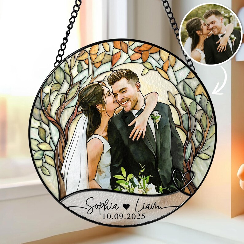 Custom Couples Portrait Stained Glass SunCatcher: Wedding Gift