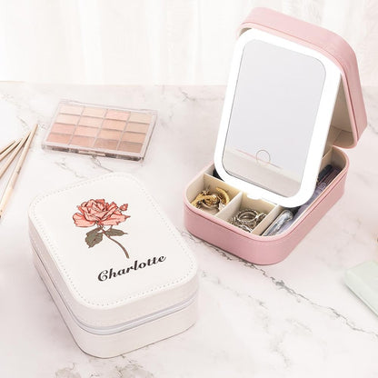 Personalized Birth Flower Travel Jewelry Box ¨C Custom Name Leather Organizer with LED Adjustable Makeup Mirror,Birthday Mother's Day Gift