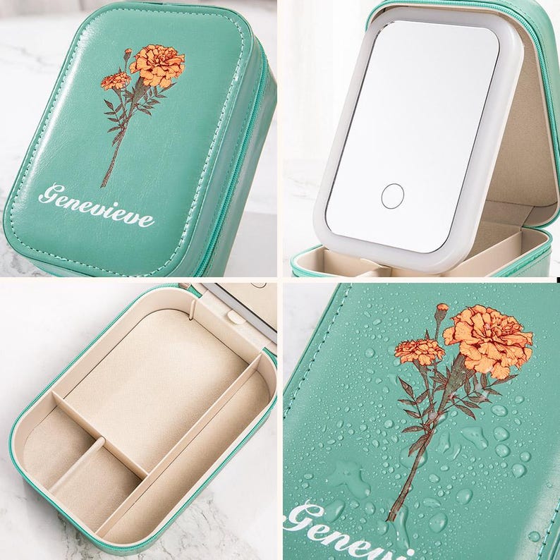 Personalized Birth Flower Travel Jewelry Box ¨C Custom Name Leather Organizer with LED Adjustable Makeup Mirror,Birthday Mother's Day Gift