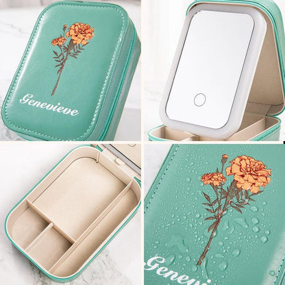Personalized Birth Flower Travel Jewelry Box ¨C Custom Name Leather Organizer with LED Adjustable Makeup Mirror,Birthday Mother's Day Gift
