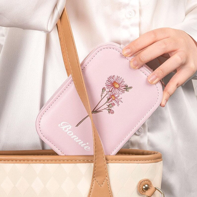 Personalized Birth Flower Travel Jewelry Box ¨C Custom Name Leather Organizer with LED Adjustable Makeup Mirror,Birthday Mother's Day Gift