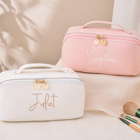Leather Embroidered Makeup Bag,Personalized Bridesmaid Gifts,Wedding Makeup Bag,Bridal Shower Gift,Cosmetic Bag with Name,Gift for Women