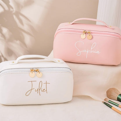 Leather Embroidered Makeup Bag,Personalized Bridesmaid Gifts,Wedding Makeup Bag,Bridal Shower Gift,Cosmetic Bag with Name,Gift for Women