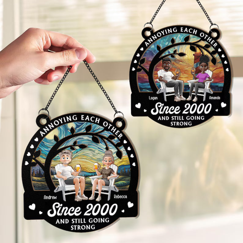 Personalized Anniversary Suncatcher Ornament: Annoying Each Other Since, Wood & Acrylic