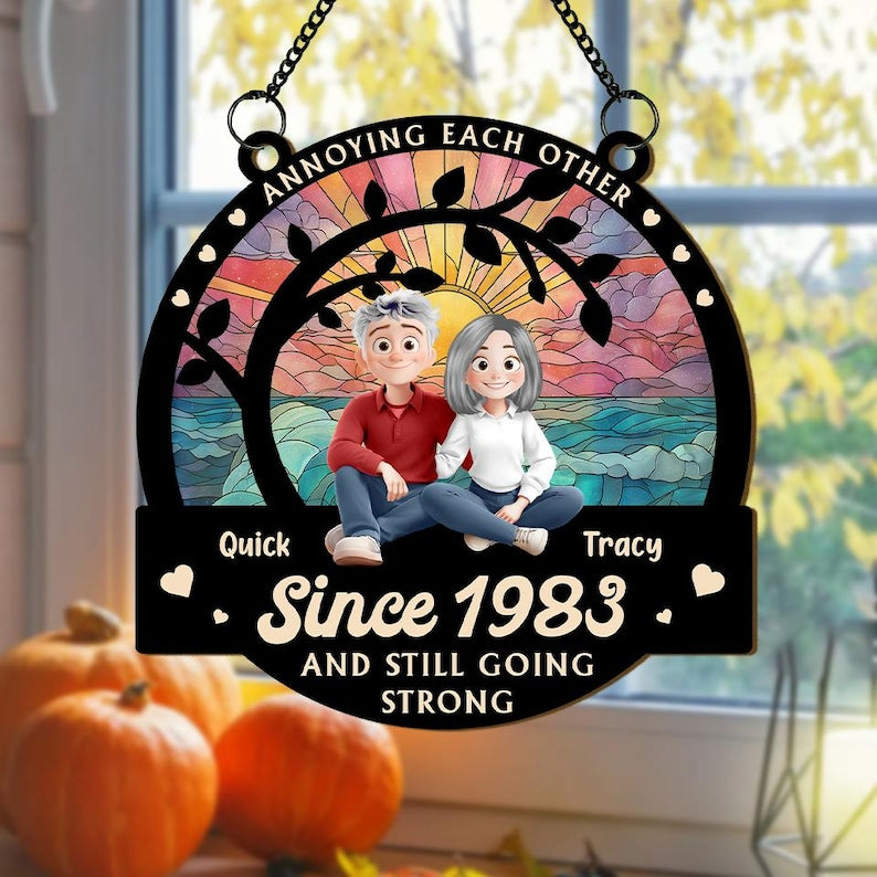Annoying Each Other Since 1985 Personalized Couple Suncatcher, Funny Anniversary Gift, Custom Cartoon Ornament, Hanging Window Decor