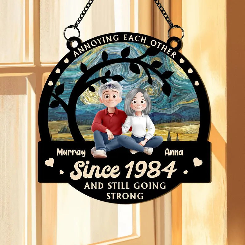 Annoying Each Other Since 1985 Personalized Couple Suncatcher, Funny Anniversary Gift, Custom Cartoon Ornament, Hanging Window Decor