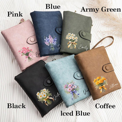 Personalized Birth Flower Wristlet Wallet¡ªCustom Name Tri-Fold Wallet with Card Holder Birthday Gift, Mother's Day, Bridesmaid Gift