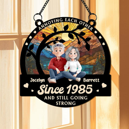 Annoying Each Other Since 1985 Personalized Couple Suncatcher, Funny Anniversary Gift, Custom Cartoon Ornament, Hanging Window Decor