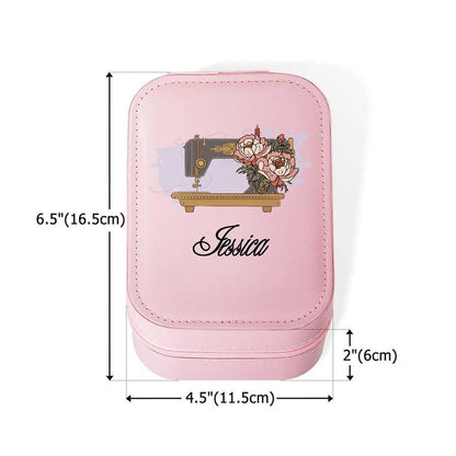 Personalized Watercolor Sewing Machine Birth Flower PU Leather Jewelry Box with LED Three-color Makeup Mirror Travel Essential Birthday Gift