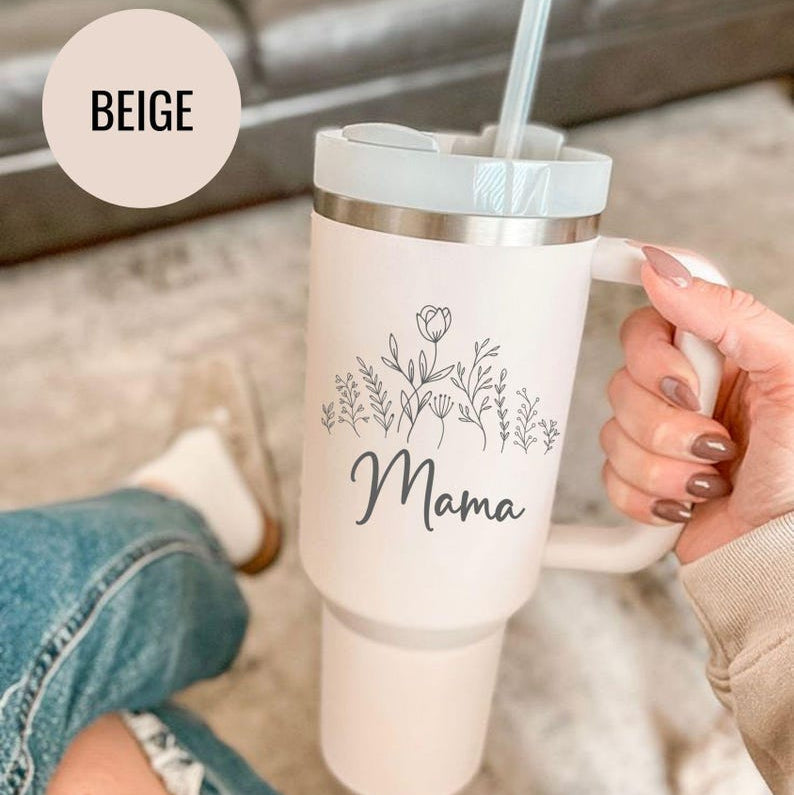 Engraved Mama Tumbler: Floral Design - Stainless Steel with Straw