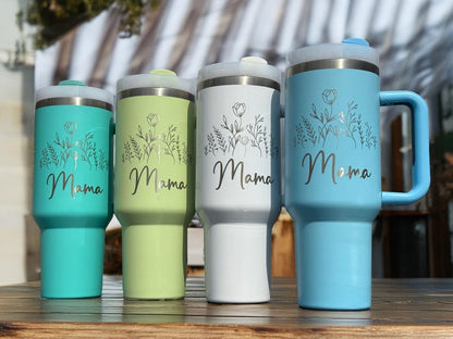 Engraved Mama Tumbler: Floral Design - Stainless Steel with Straw