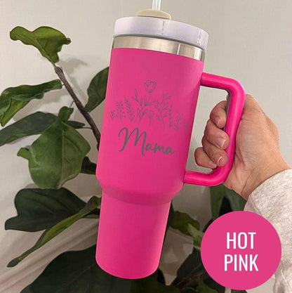 Engraved Mama Tumbler: Floral Design - Stainless Steel with Straw