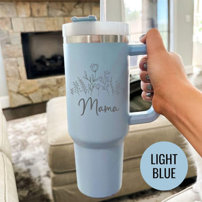 Engraved Mama Tumbler: Floral Design - Stainless Steel with Straw