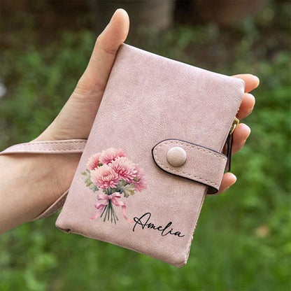 Personalized Birth Flower Wristlet Wallet¡ªCustom Name Tri-Fold Wallet with Card Holder Birthday Gift, Mother's Day, Bridesmaid Gift
