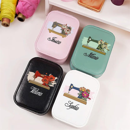 Personalized Watercolor Sewing Machine Birth Flower PU Leather Jewelry Box with LED Three-color Makeup Mirror Travel Essential Birthday Gift
