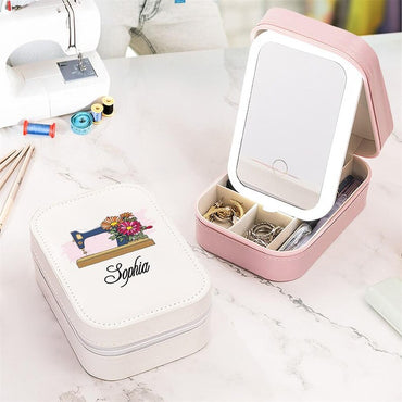 Personalized Watercolor Sewing Machine Birth Flower PU Leather Jewelry Box with LED Three-color Makeup Mirror Travel Essential Birthday Gift