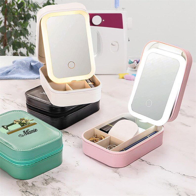 Personalized Watercolor Sewing Machine Birth Flower PU Leather Jewelry Box with LED Three-color Makeup Mirror Travel Essential Birthday Gift