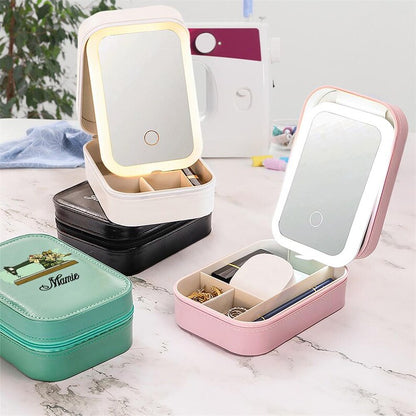Personalized Watercolor Sewing Machine Birth Flower PU Leather Jewelry Box with LED Three-color Makeup Mirror Travel Essential Birthday Gift