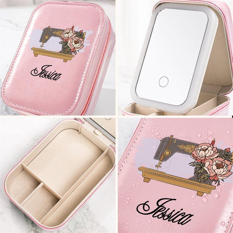 Personalized Watercolor Sewing Machine Birth Flower PU Leather Jewelry Box with LED Three-color Makeup Mirror Travel Essential Birthday Gift