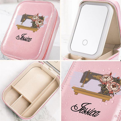 Personalized Watercolor Sewing Machine Birth Flower PU Leather Jewelry Box with LED Three-color Makeup Mirror Travel Essential Birthday Gift