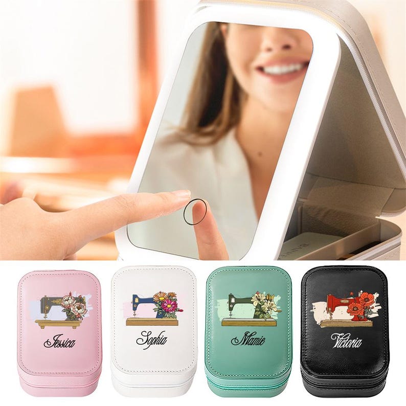 Personalized Watercolor Sewing Machine Birth Flower PU Leather Jewelry Box with LED Three-color Makeup Mirror Travel Essential Birthday Gift