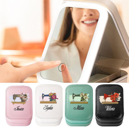 Personalized Watercolor Sewing Machine Birth Flower PU Leather Jewelry Box with LED Three-color Makeup Mirror Travel Essential Birthday Gift