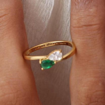Engraved Birthstone Minimalist Ring | Custom Teardrop Family Gemstone Jewelry | Dainty Personalized Band Ring with Infinity Crystals
