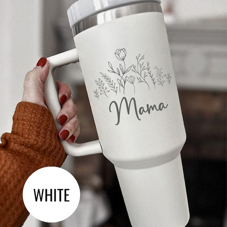 Engraved Mama Tumbler: Floral Design - Stainless Steel with Straw