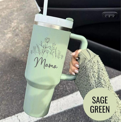 Engraved Mama Tumbler: Floral Design - Stainless Steel with Straw