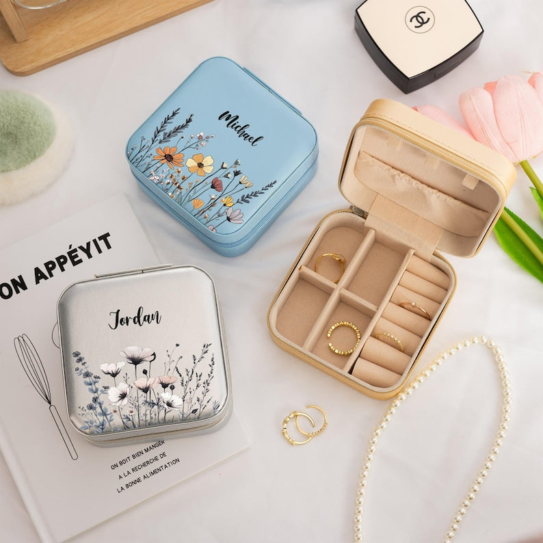 Personalized Leather Travel Jewelry Box with Name,Birthday Gift for Women,Flower Jewelry Box,Bridesmaid Gift,Wedding Gift,Mothers Day Gifts