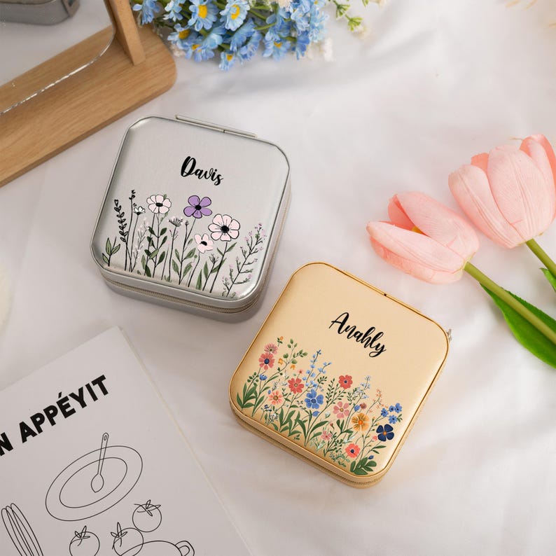 Personalized Leather Travel Jewelry Box with Name,Birthday Gift for Women,Flower Jewelry Box,Bridesmaid Gift,Wedding Gift,Mothers Day Gifts