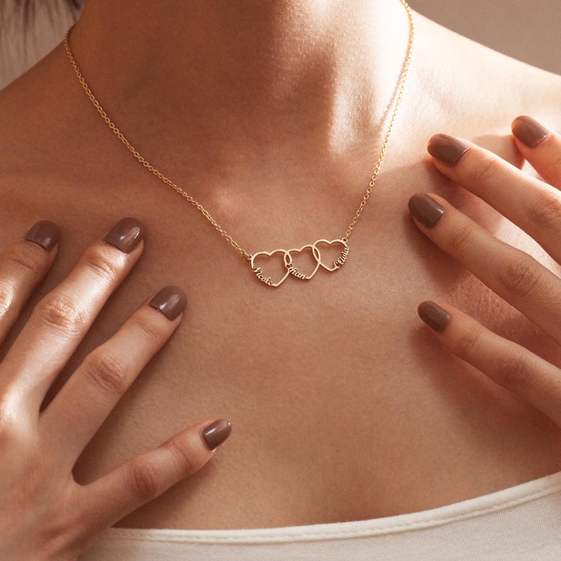 Family Name Necklace with Heart, Multiple Heart Necklace, Kids Name Necklace for Mom, Personalized Necklace, Mother's Day Gift for Wife