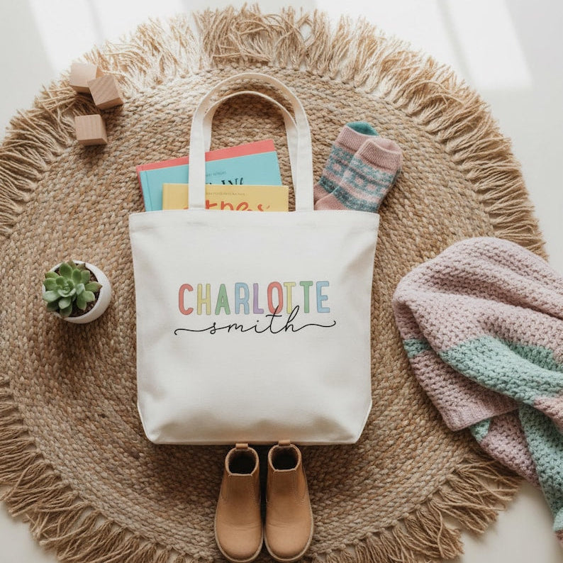 Personalized Canvas Tote Bag with Name, Toy Storage & Book Bag, Nursery Organizer, Toddler Gift, Easter Gifts