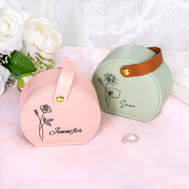 Custom Birth Flower Jewelry Bag with Name | Personalized Floral Travel Case for Women | Birthday, Wedding, Anniversary Gift for Her