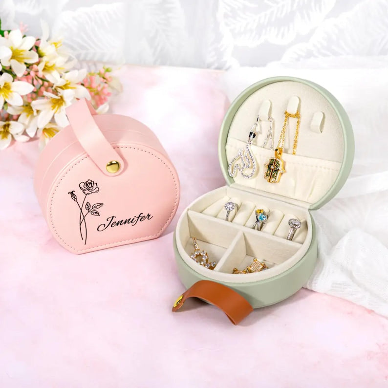 Custom Birth Flower Jewelry Bag with Name | Personalized Floral Travel Case for Women | Birthday, Wedding, Anniversary Gift for Her