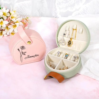 Custom Birth Flower Jewelry Bag with Name | Personalized Floral Travel Case for Women | Birthday, Wedding, Anniversary Gift for Her