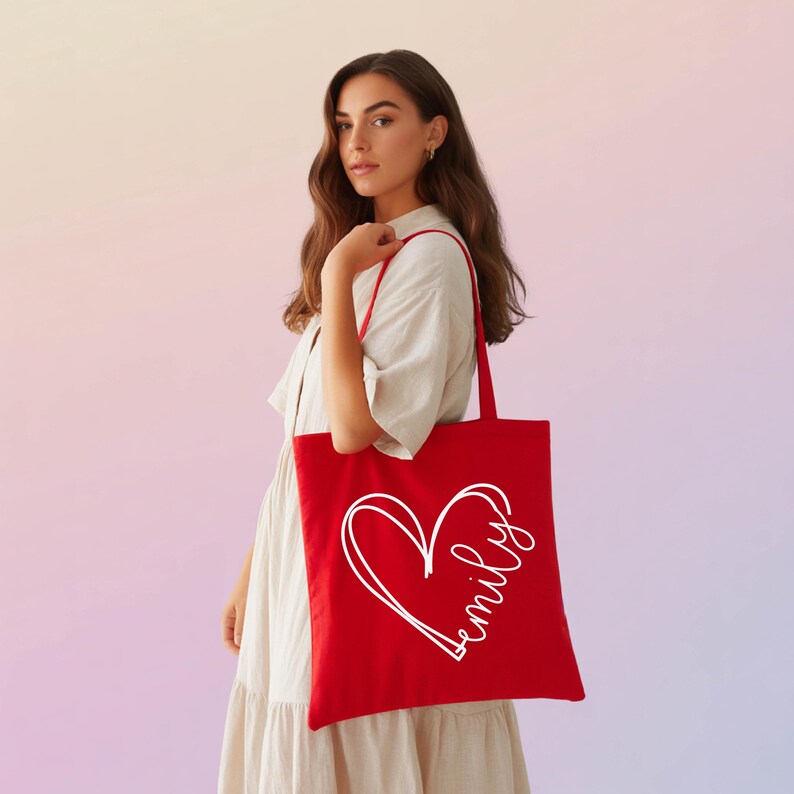 Custom Love Heart Tote Bag with Name: Valentine's Day, Christmas, Bachelorette Gifts for Women