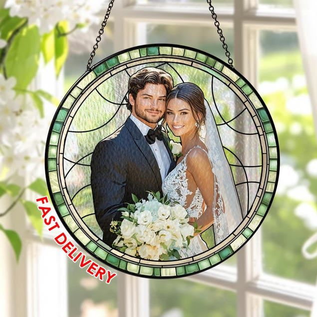 Personalized Couple Portrait Stained Glass Suncatcher: Wedding Anniversary Gift